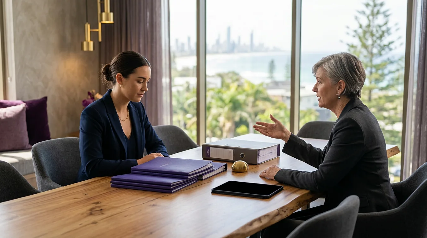 Adult child reviewing a family trust structure with an independent adviser in a professional Queensland office